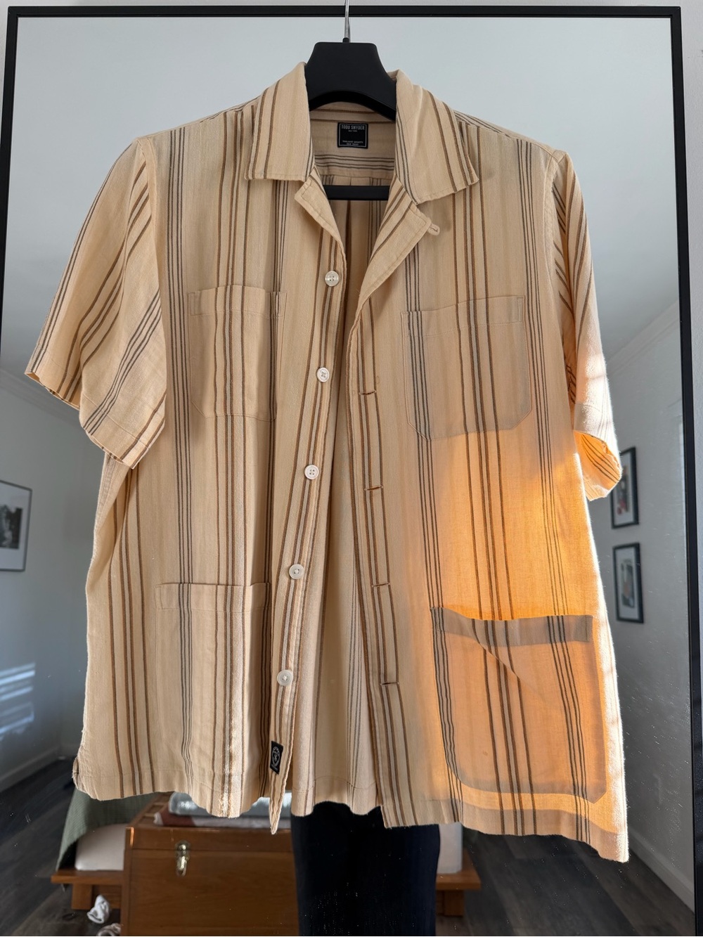 Todd Snyder Beige Short-Sleeve Button-Down Stripe Shirt